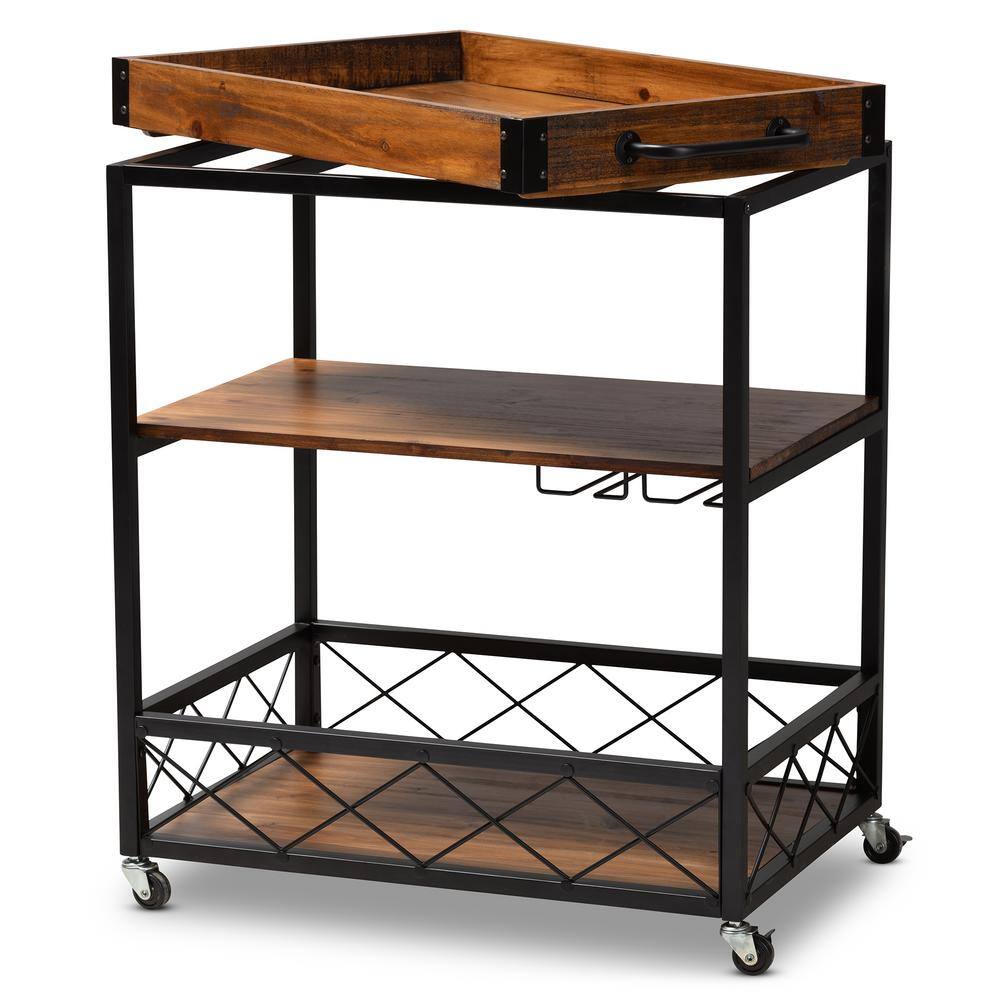 Capri Rustic Oak and Black Metal Mobile Bar Cart with Wine Storage