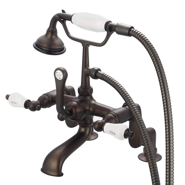 Water Creation 3-Handle Claw Foot Tub Faucet with Labeled Porcelain Lever Handles and Hand Shower in Oil Rubbed Bronze
