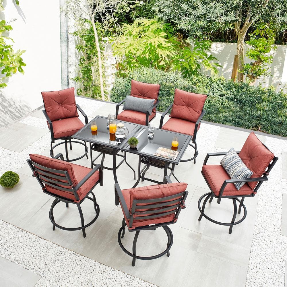 Patio Festival 8-Piece Metal Outdoor Dining Set with Red Cushions