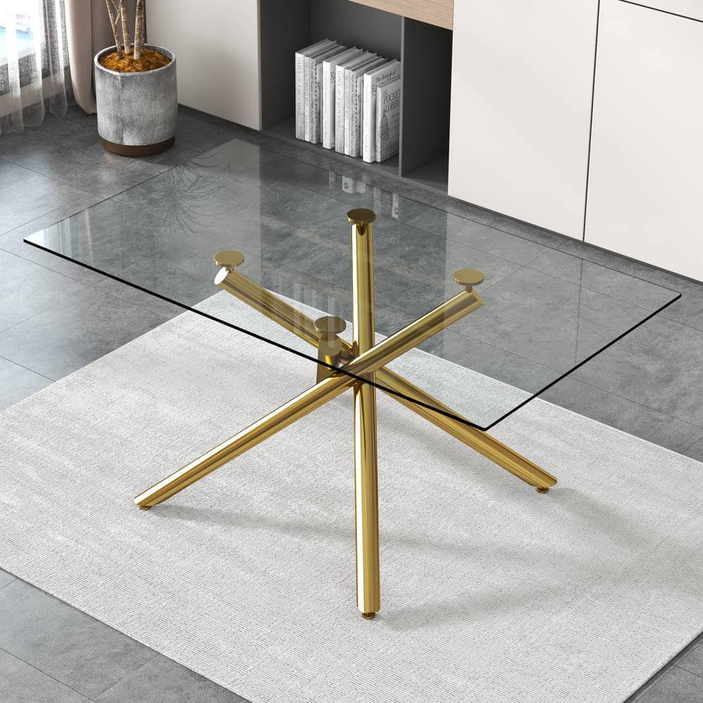 Polibi Large Modern Rectangular Clear Glass Dining Table 63 in. Golden