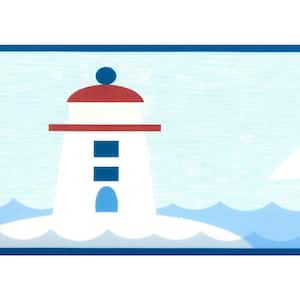 Falkirk Brin Sailboats, Lighthouse Blue, White, Red Wallpaper Border