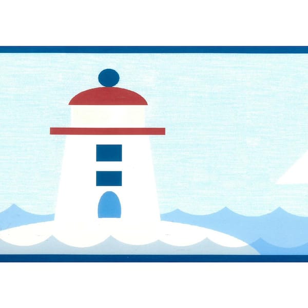 Dundee Deco Falkirk Brin Sailboats, Lighthouse Blue, White, Red Wallpaper Border