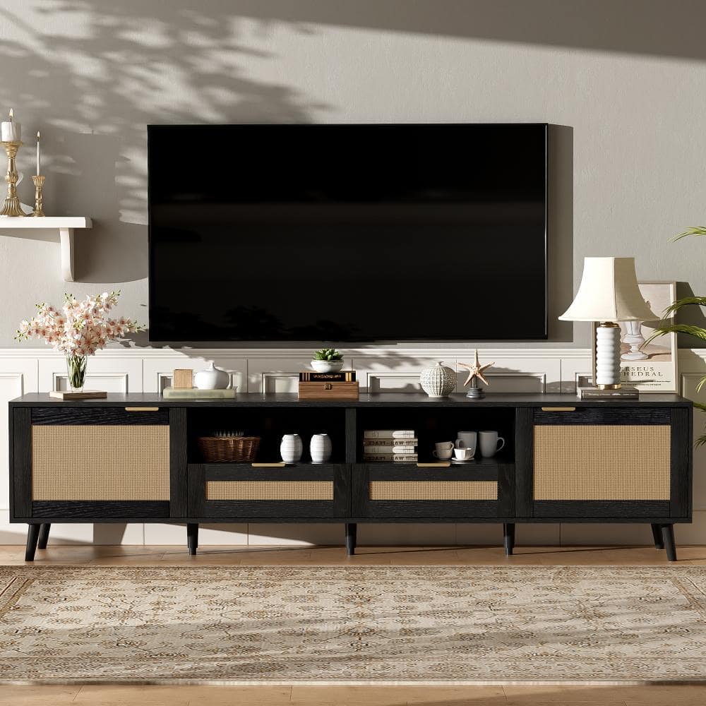 78.74 in. Black Farmhouse TV Stand with Cabinets, Open Shelves, Rattan Accent and Wood Legs (Max TV Size 85 in.) price history on PriceWatchPro