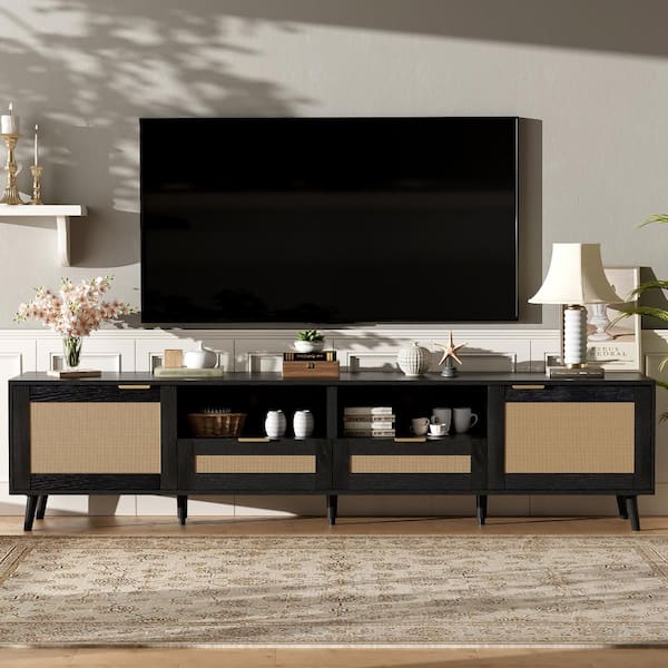 79 in. Black Rattan TV Stand FIts TV's Up to 85 in. Entertainment Center with Solid Wood Legs and Cabinet