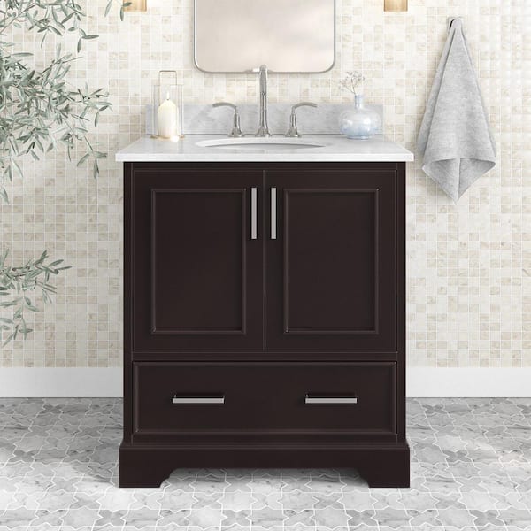 ARIEL Stafford 30 in. W x 22 in. D x 35.25 in. H Right Left Single Sink Bath Vanity in Espresso with Carrara White Marble Top