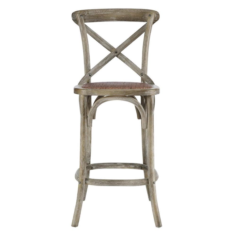 Farmhouse Charm Gray Elm Wood Counter Stool with Woven Rattan Seat