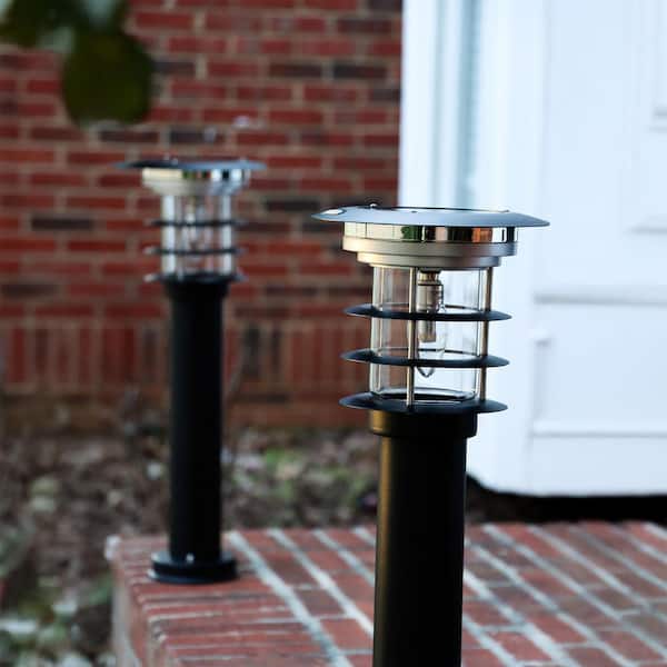 GAMA SONIC Stainless Steel Black Bollard Light Outdoor Waterproof Garden Solar Warm White LED Pathway Landscape Light (2-Pack)