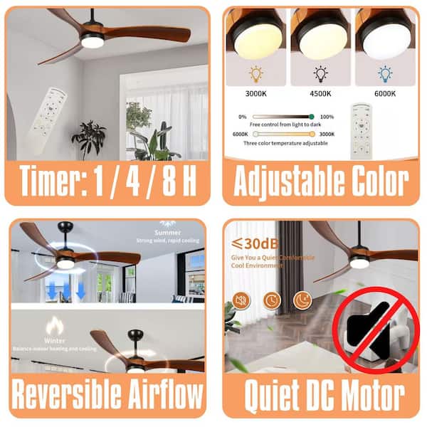 60 in. Indoor Brown Modern Ceiling Fan with LED Light with Remote Included, Downrod Mount