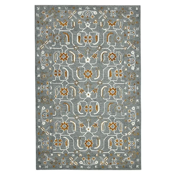 2 ft. x 3 ft. Orange Gray and Ivory Wool Floral Medallion Hand Hooked Area Rug