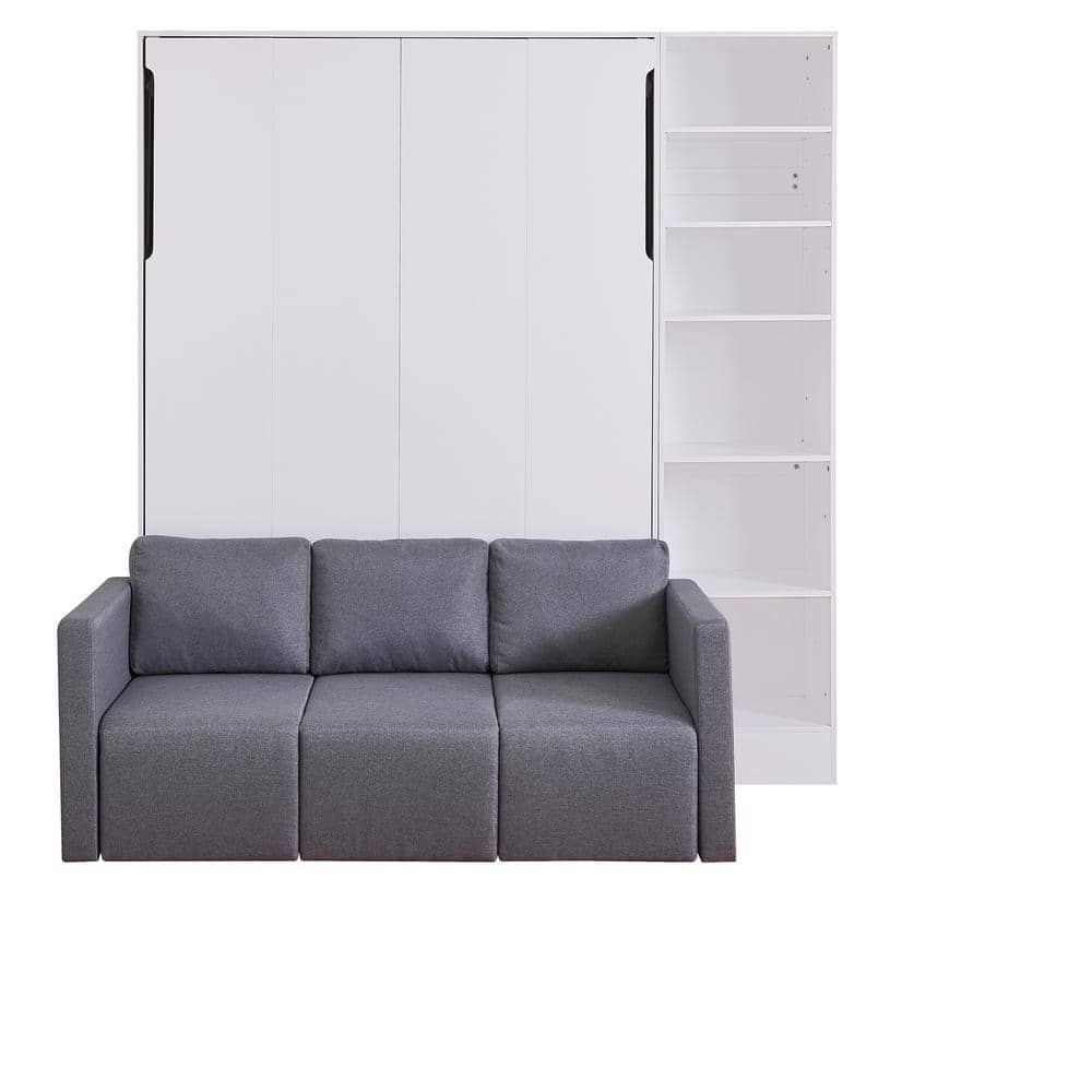 White Wood Frame Full Murphy Bed Wall Bed with Sofa and Storage Shelves - thumbnail 6