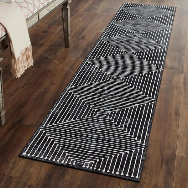 Bohemian Stripes Washable Non Slip Black 2 ft. x 6 ft. Runner Rug