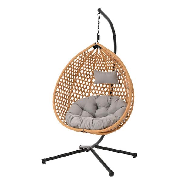 Chair with Stand 1 Person Brown Yellow Grey Wicker Patio Swing with Soft Removable Cushion