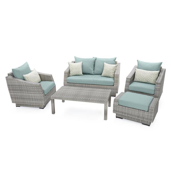RST BRANDS Cannes 5-Piece All Weather Wicker Loveseat and Club Chair Patio Conversation Set with Sunbrella Spa Blue Cushions