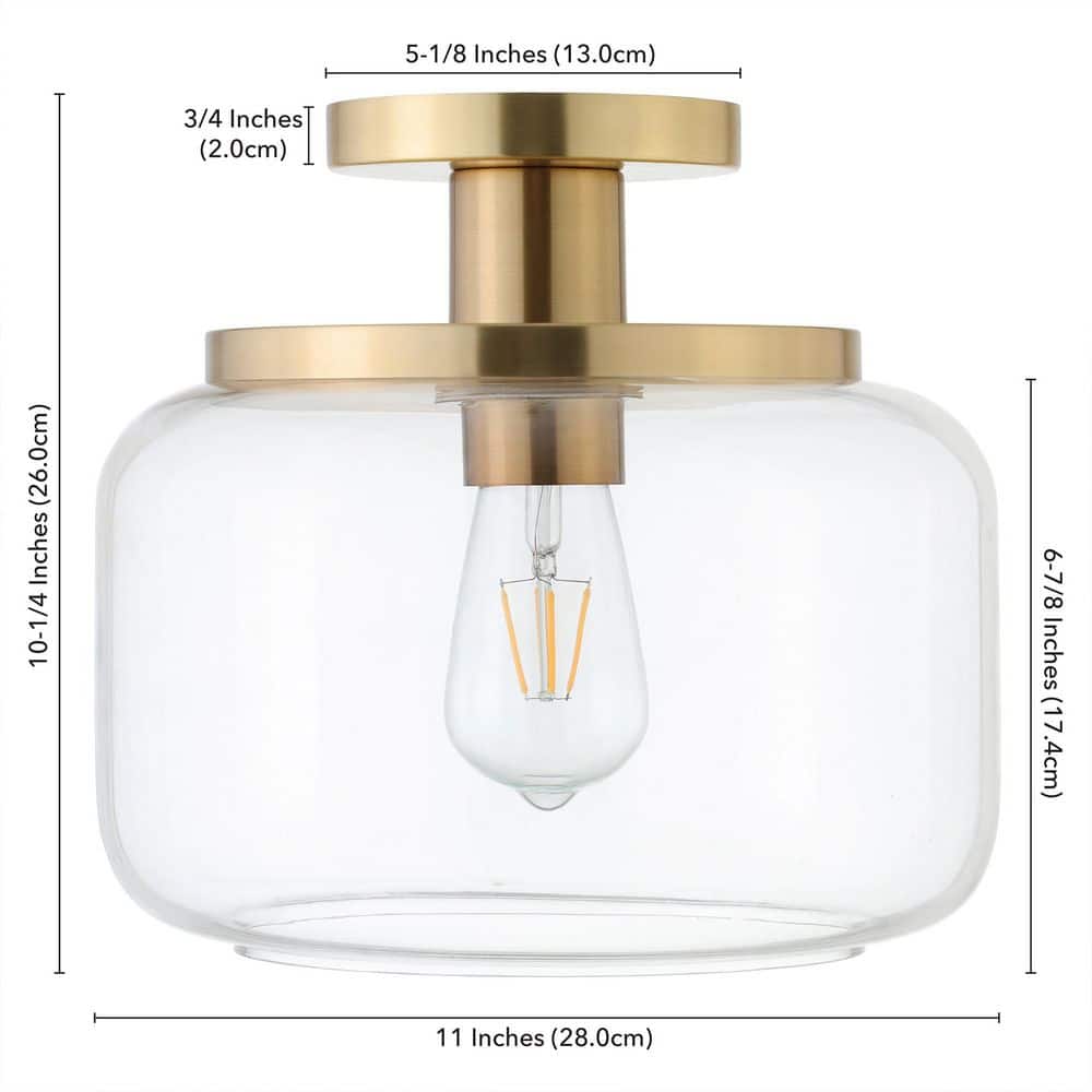 Tatum 11" Brushed Brass & Clear Glass Semi-Flush Mount Ceiling Light