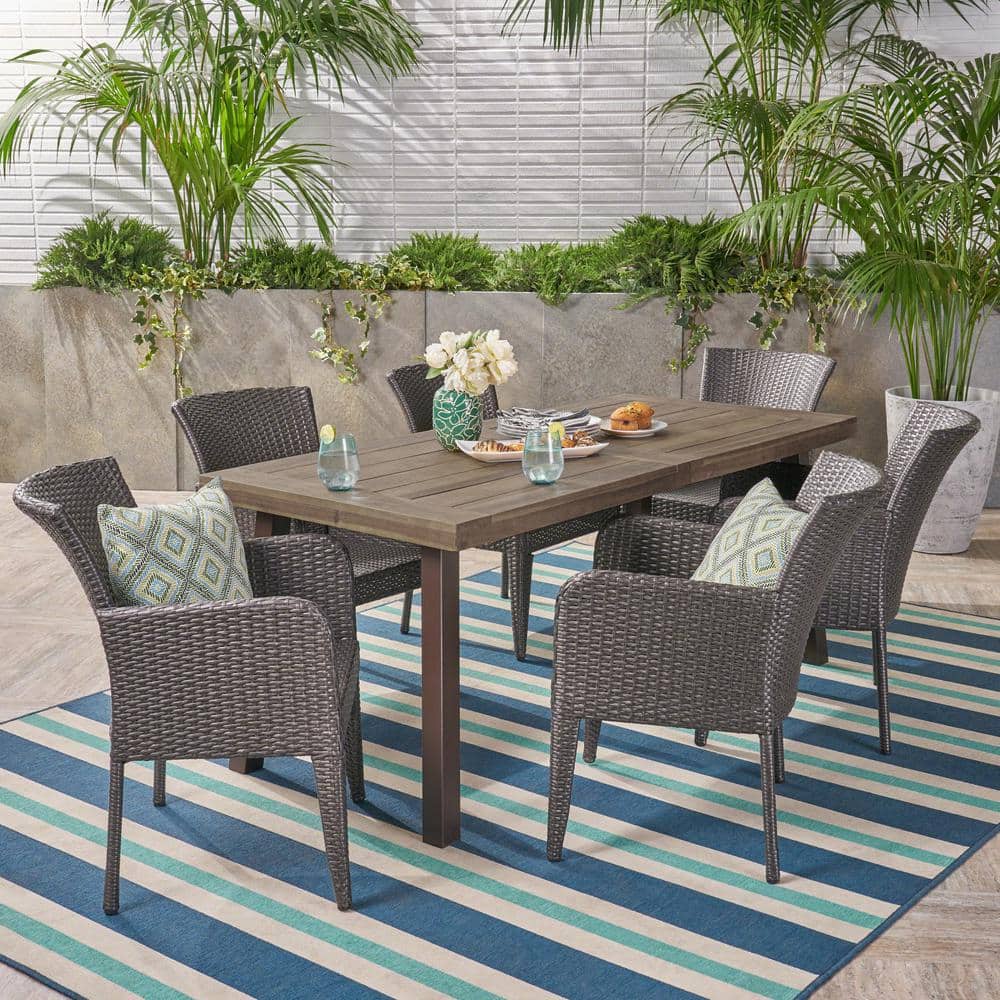 Noble House Macy Grey 7-Piece Faux Rattan Outdoor Dining Set with Stacking  Chairs 21190 - The Home Depot