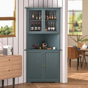 Corner Pantry Organizer Cabinet with Adjustable Shelves and Glass Doors in Teal Blue