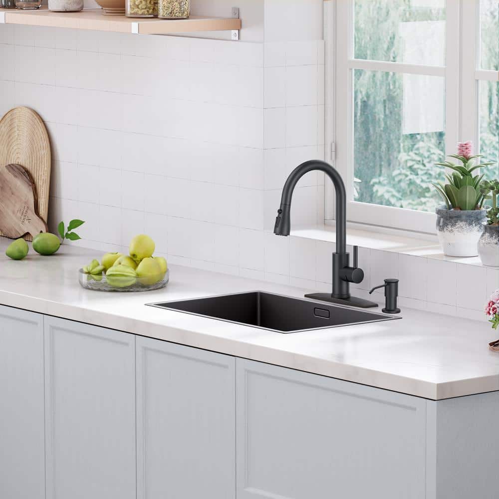 Matte Black Single Handle Pull Down Kitchen Faucet with Soap Dispenser