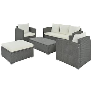 5-Piece Wicker Outdoor Sectional Sofa with Storage Table Ottoman and Beige Cushion