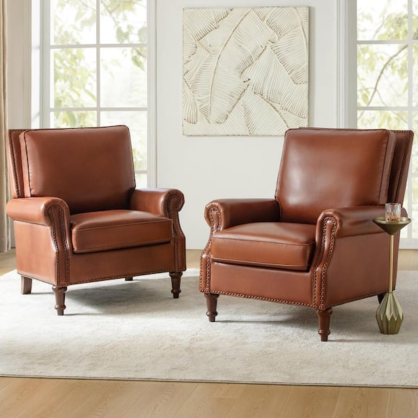JAYDEN CREATION Rosal Saddle 33 in. W Genuine Leather Accent Chair with Spindle Legs (Set of 2)