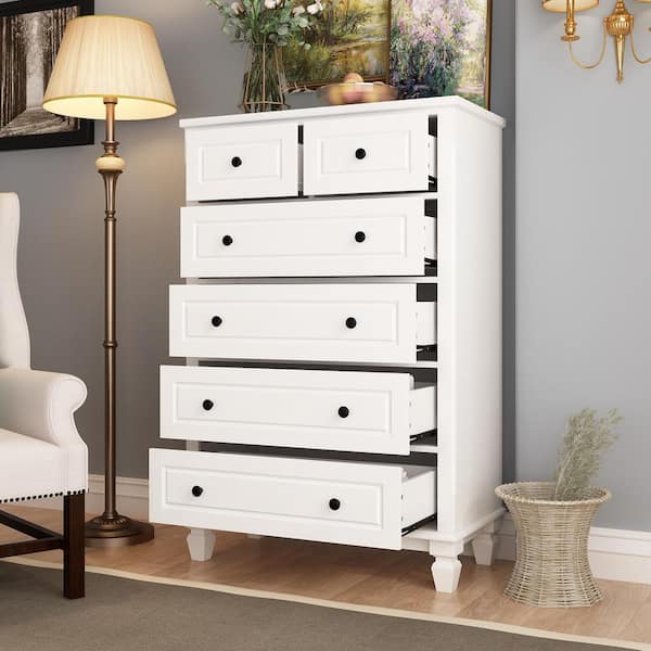 6-Drawers White Wood Storage Cabinet with Anti Tipping Device and Wooden Legs 47.4 in. H x 31.5 W x 15.7 D