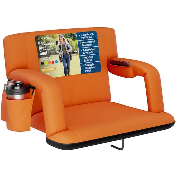 ALPCOUR Reclining Stadium Seat - Wide Bleacher Chair w/Back Support, Cushion, Armrests and Side Pockets - 24in. Wide - Orange