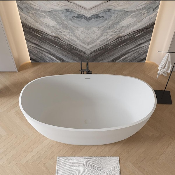 Moray 61 in. x 31.5 in. Solid Surface Stone Resin Flatbottom Freestanding Bathtub Soaking Bathtub in Matte White
