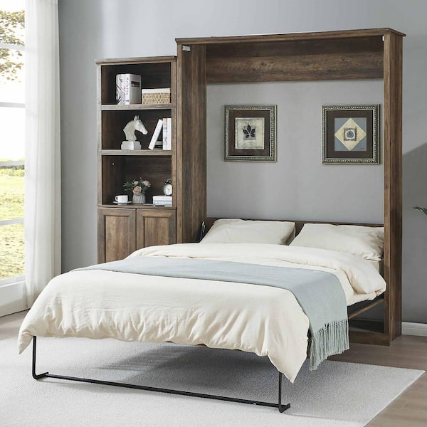 Polibi Brown Wood Frame Queen Murphy Bed with 1 Side Cabinet Storage ...