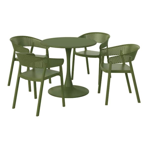 Frond and Form Outdoor Patio Modern 5-Piece Round HDPE Plastic Dining Table Set with Stackable Chairs, Olive Green