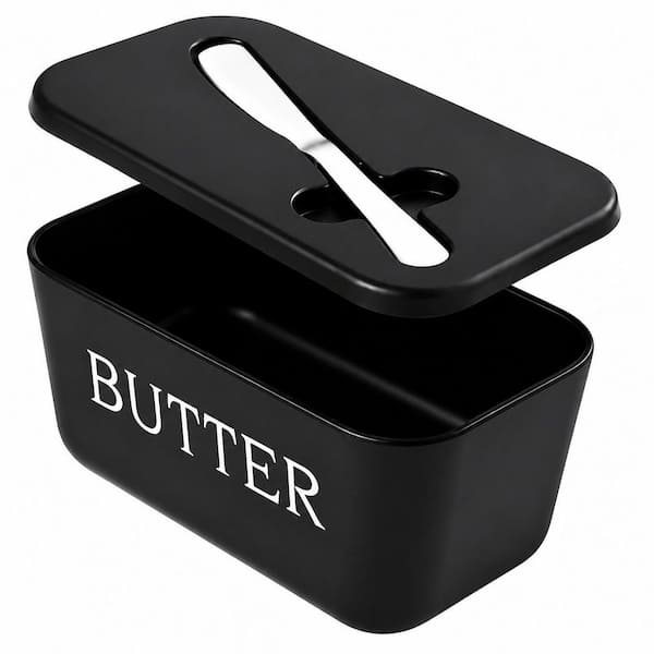 Black Food-Grade PP Butter Dish with Lid and Stainless Steel Knife for Kitchen Counter or Refrigerator