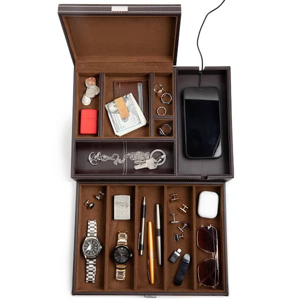 Unbranded Men's Leather Watch Box Valet Tray, Bedside Organizer with Charging Station, Brown, 13.75 in. x 10 in. x 4.4 in.