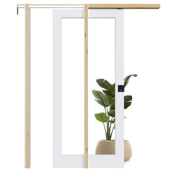 36 in. x 80 in. 1-Lite Clear Glass White Primed MDF Pocket Sliding Door with Hardware (Soft Close and Black Lock Incl)