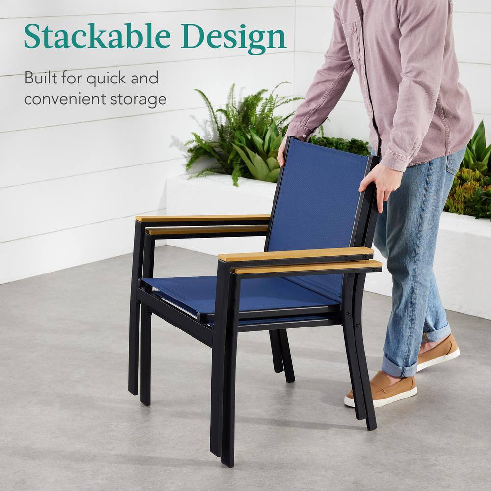 Set of 2 Blue Metal Armchairs with Wooden Armrests