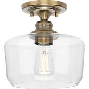 Aiken Collection 1-Light Vintage Brass Clear Glass Farmhouse Flush Mount Light