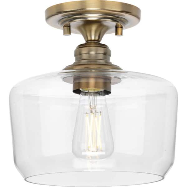 Aiken Collection 1-Light Vintage Brass Clear Glass Farmhouse Flush Mount Light