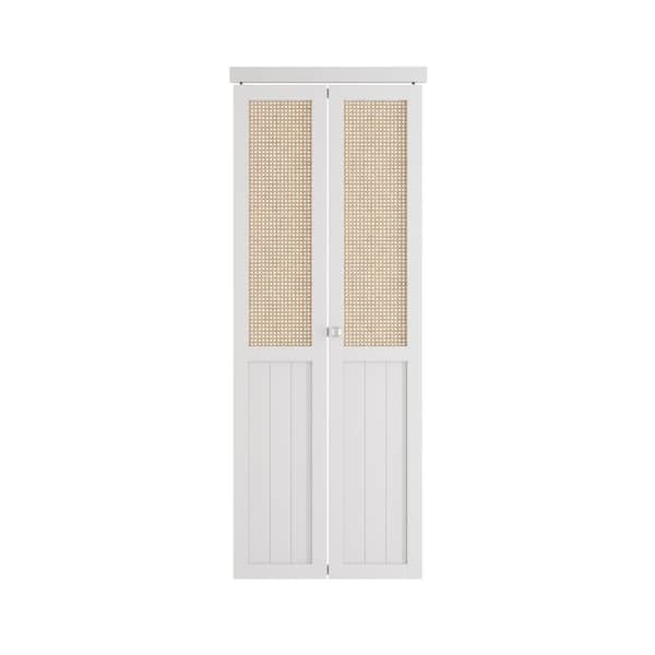 TENONER 30 in x 80 in Webbing & Wood Bi-Fold Interior Door for Closet, MDF, White Folding Door for Wardrobe, including Hardware