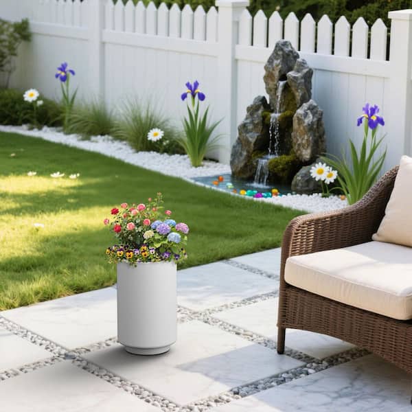 15.8 in.H Tall Cylindrical Concrete Planter, Medium Round Handcrafted Flower Plant Pots with Drainage Hole, Pearl White