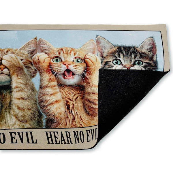 See No Evil Cats Trio Beige 18 in. x 30 in. Polyester Non-Slip Outdoor Door Mat