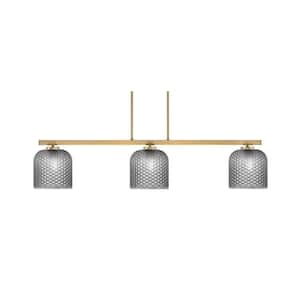 Cottonwood 3 Light New Age Brass Light Chandelier with Smoke Textured Glass Shades.