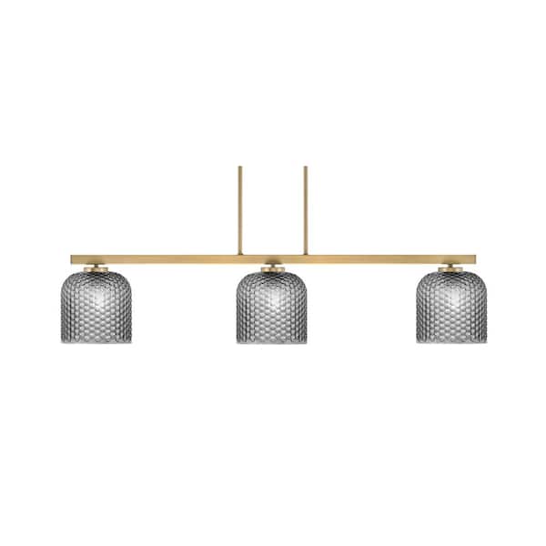 Unbranded Cottonwood 3 Light New Age Brass Light Chandelier with Smoke Textured Glass Shades.