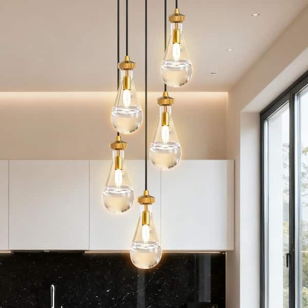 5-Light Gold Cluster Raindrop Pendant Light Chandelier for Kitchen Island Dining Room Modern Luxury