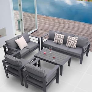 5-Piece Grey Metal Patio Conversation Set with Removable Gray Cushions and Tempered Glass Coffee Table