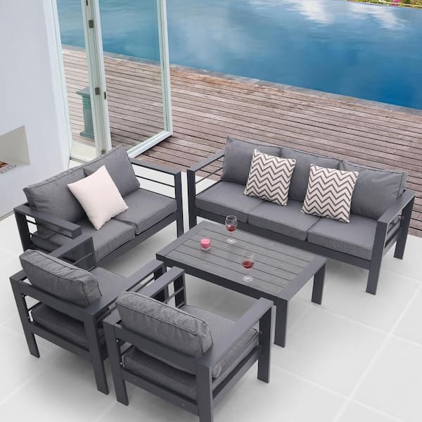 Tenleaf 5-Piece Grey Metal Patio Conversation Set with Removable Gray Cushions and Tempered Glass Coffee Table