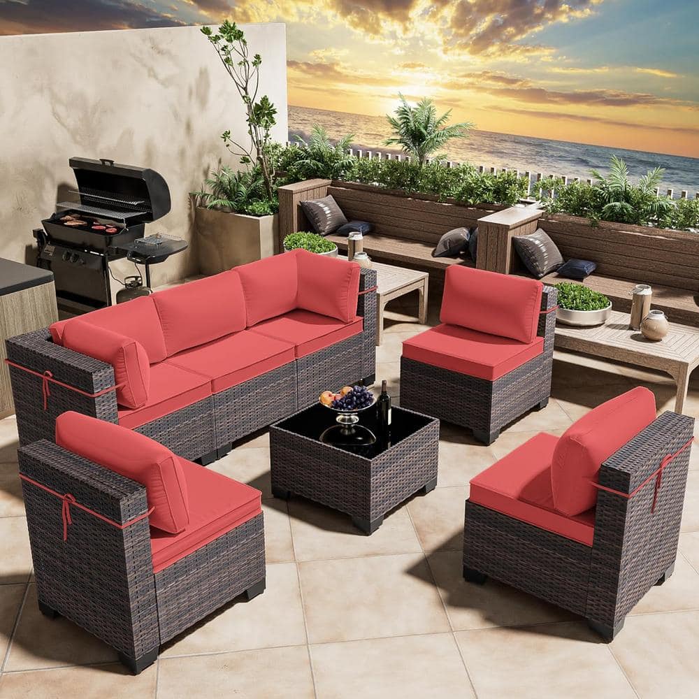 Halmuz 7-Piece Wicker Outdoor Sectional Set with Cushion Red 7PS-Red ...