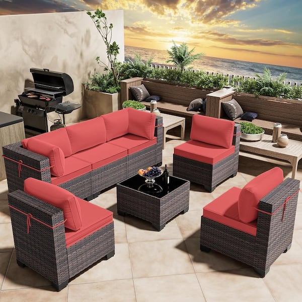 Halmuz 7-Piece Wicker Outdoor Sectional Set with Cushion Red