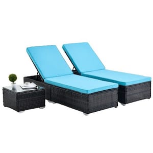 3-Pcs Brown PE Wicker Outdoor Chaise Lounge with Blue Cushions Steel Frame Elegant Reclining Backrest