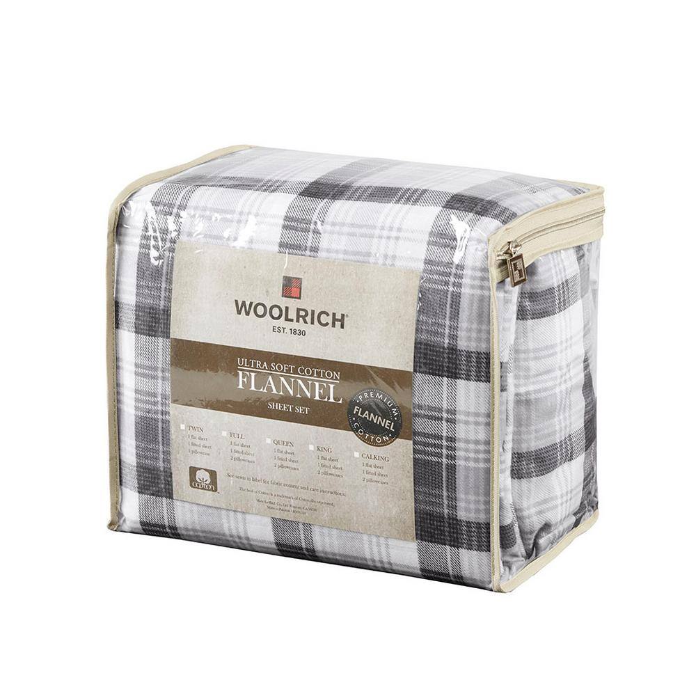 Queen Gray Plaid Cotton Flannel Sheet Set
