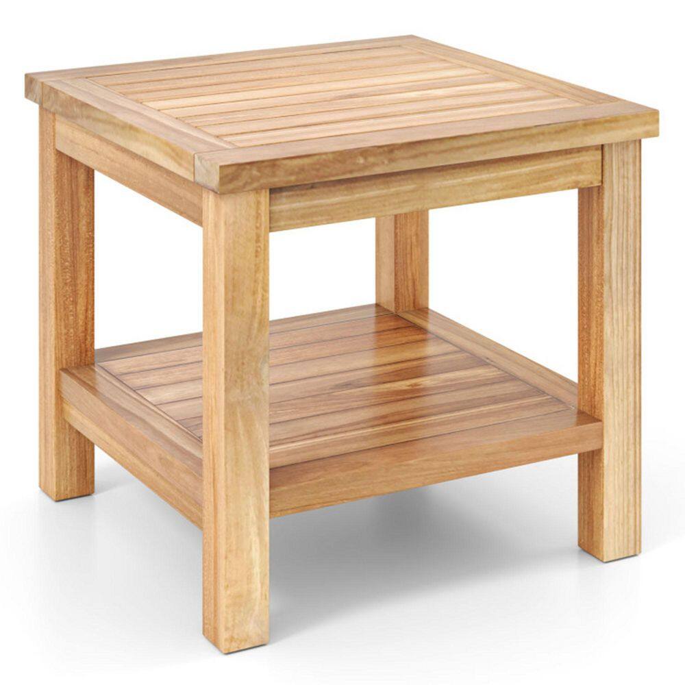 Kadehome natural brown teak wood square side table with an open lower shelf.