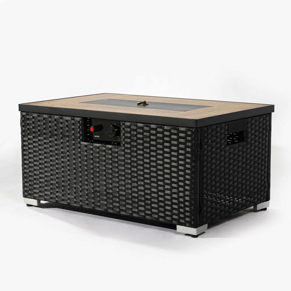 Modern Black Rattan Propane Fire Pit Table with Ceramic Tile Top