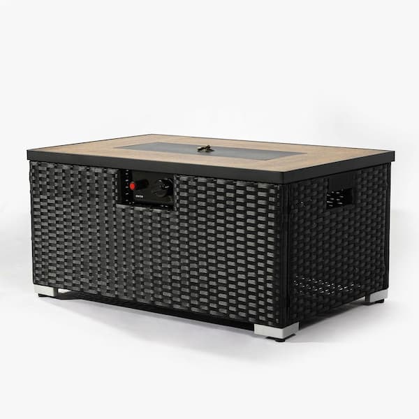 Unbranded Modern Black Rattan Propane Fire Pit Table with Ceramic Tile Top