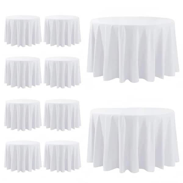 120 in. L x 120 in. W Fabric Round Washable Table Clothes Cover for Kitchen Dining, Wedding, White (10-Pack)
